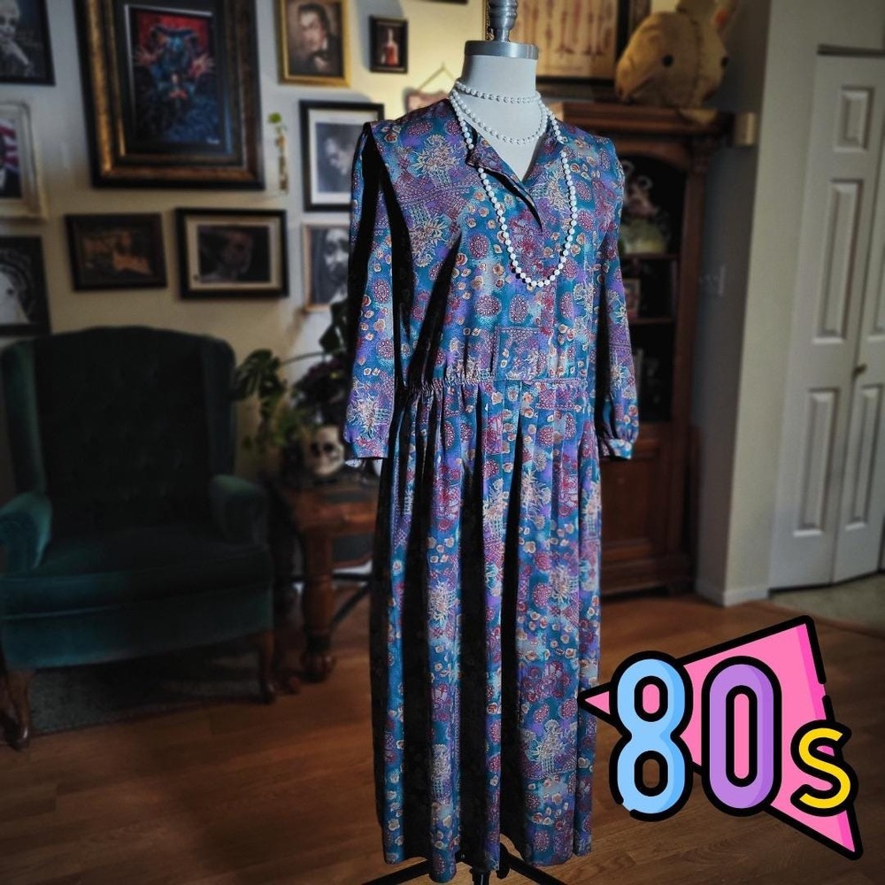 Floral Print Midi Dress Vintage 80s Teal Long Sleeve Elastic Waist Button Top